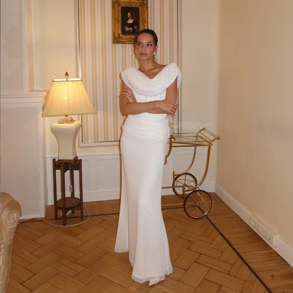 Customized White Modest Simple Chiffon Pleat Ruched Mermaid Off-the-shoulder Floor-Length Evening Dresses High Quality