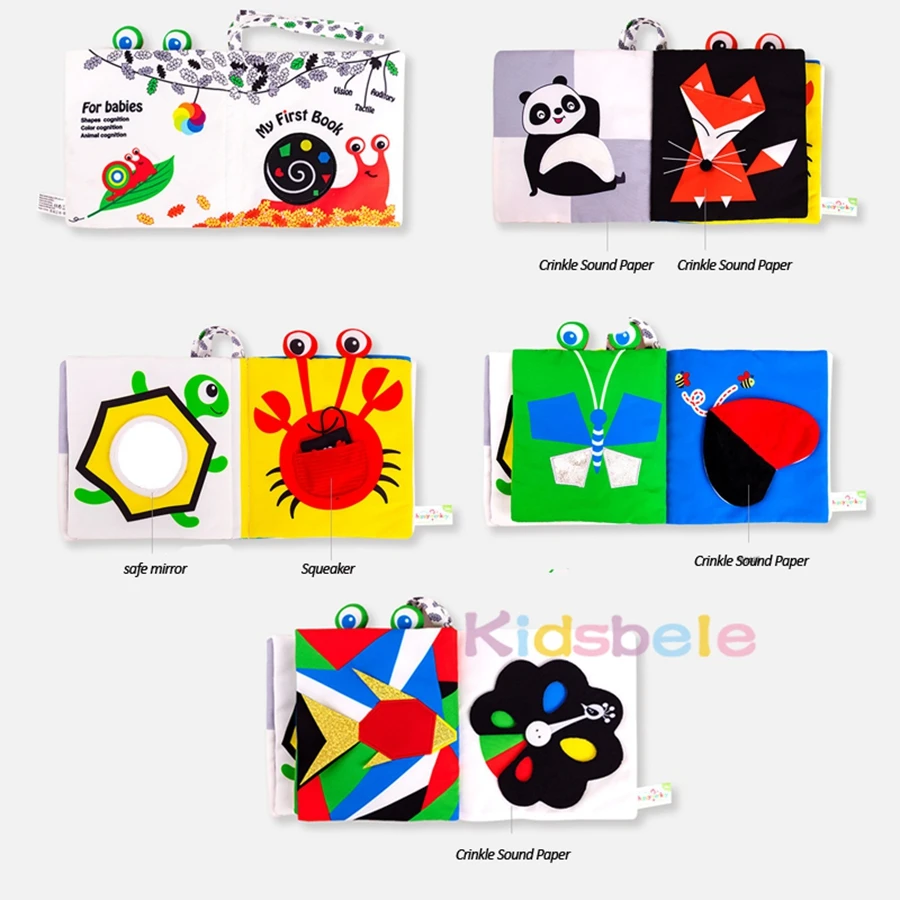 Książeczka dla niemowląt o wysokim kontrastie, książeczka sensoryczna z efektem chrupnięcia i dotykowa z ogonami zwierząt, książeczka Montessori do rozwoju sensorycznego dla dzieci w wieku 0–12 miesięcy