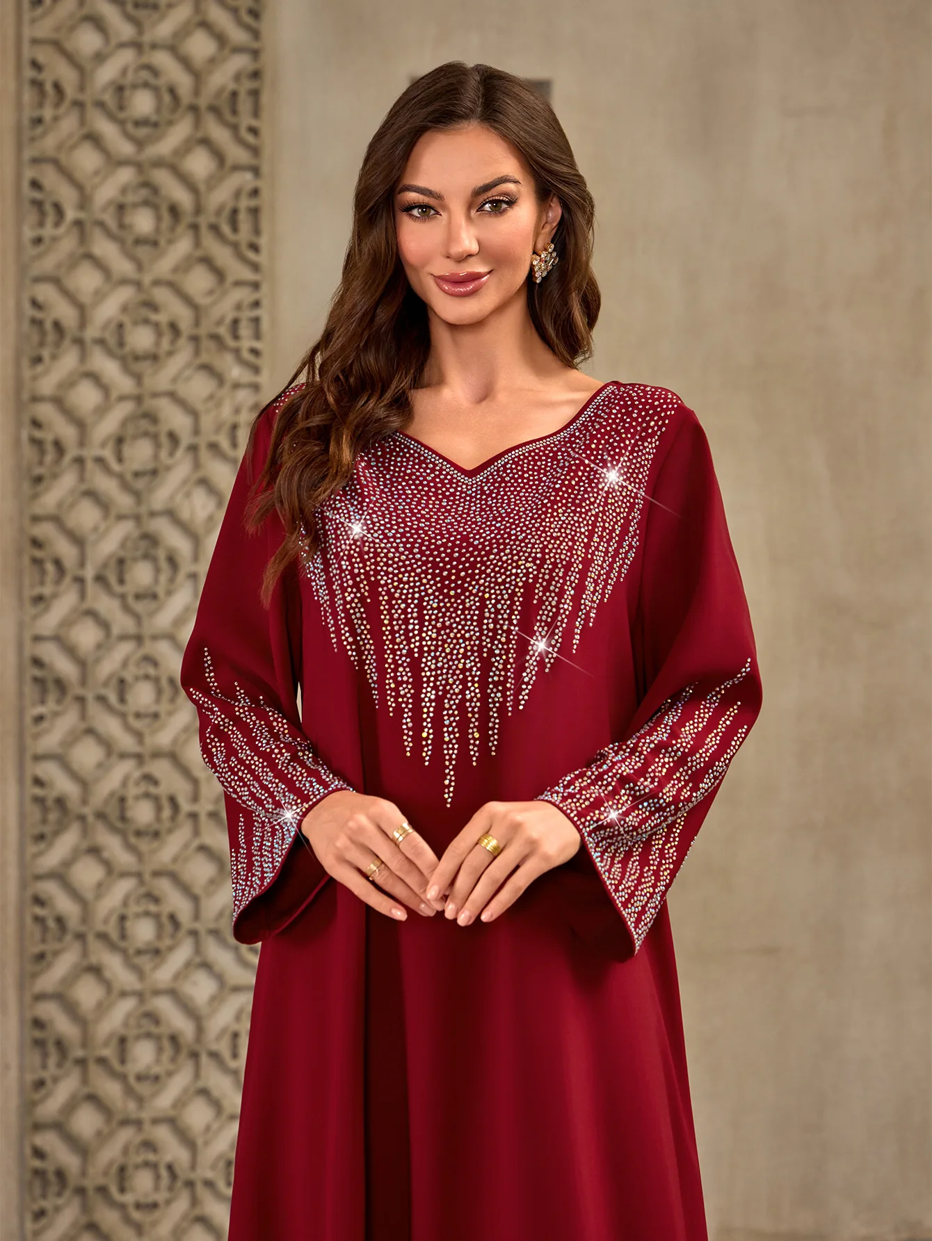 Embellished Dress Oversized Flowing Silhouette Dress Plunge Neckline Crystalstudded Dress Middleeastern Modest Kaftan Gown