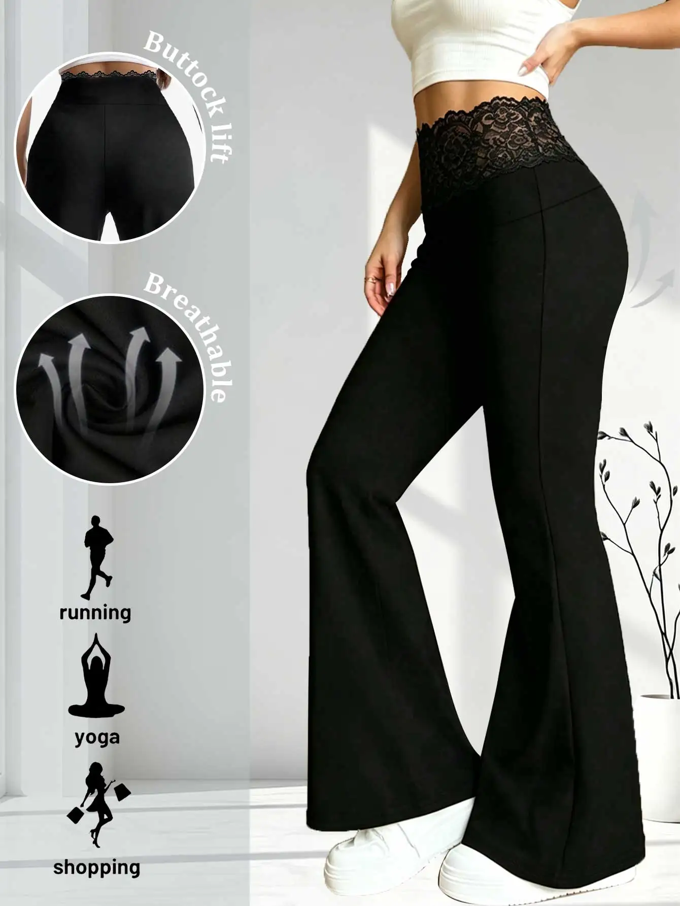 Lace Patchwork High-Waisted Flared Pants, Slim-Fit and Drapey Casual Trousers, American-Style Hot Girl Style Pants, Versatile for Everyday Wear, Mature yet Unique Design, Elastic Waistband, Solid Color Tight-Fitting Fitness Yoga Pants, Sports Flared Pants, Elegant Casual Versatile Trousers