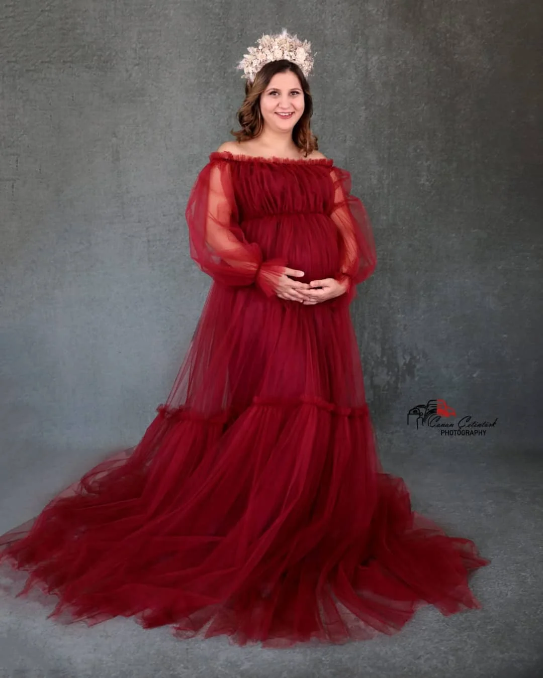 Burgunderrotes Abendkleid für schwangere Frauen, schulterfrei, volle Ärmel, Brautparty-Roben, Tüll-Abendkleid, Nachtwäsche, individueller Rock