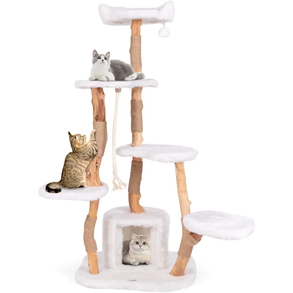 Solid Wood Cat Tree, Modern Wooden Cat Tower with Jute Scratching Posts, Perch, Condo, Sisal Rope, Dangling Ball, Soft