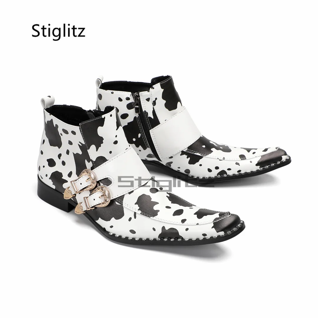 Belt Buckle Print Chelsea Boots for Men Genuine Leather Ankle Boots Fashion Handmade Side Zip Party Dress Oxford Shoes Male