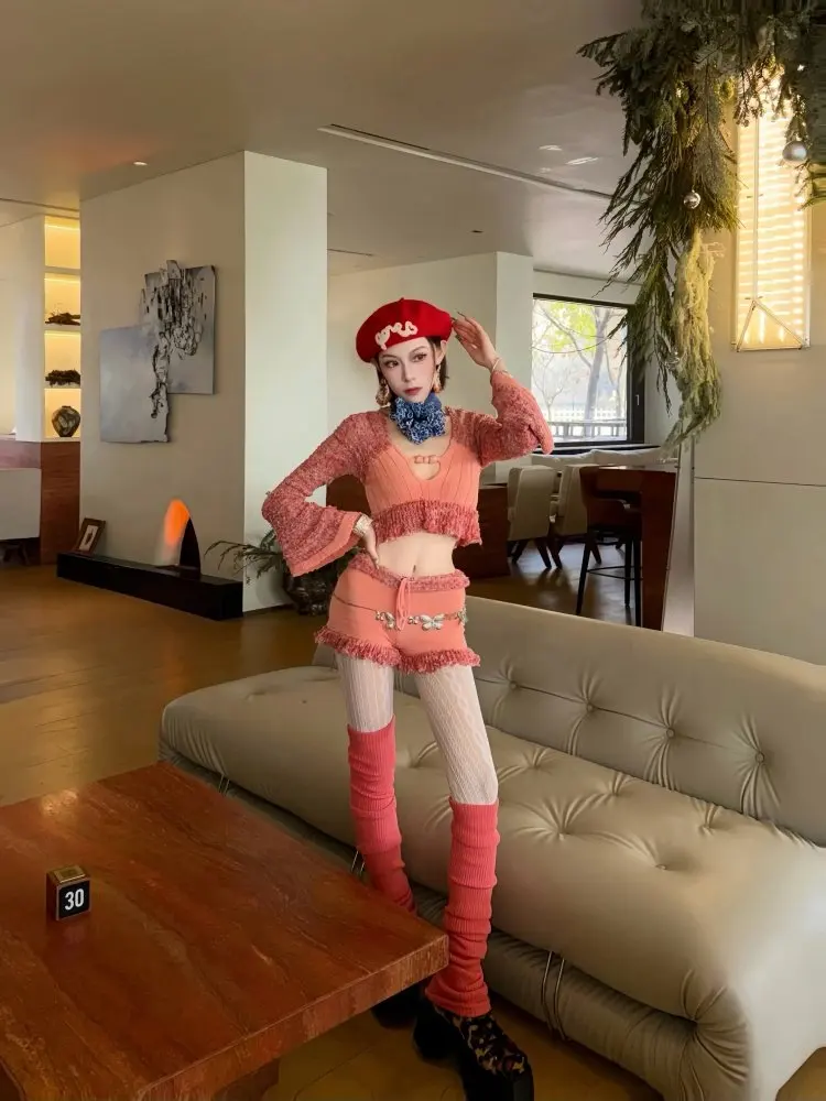 

Pink Knitted Texture Design V-ne Women's Faion Set High Waist ort Pants Long Sve High Quali Spring Summer Outfit