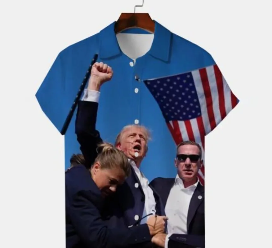 Hawaiian ische Vereinigte Staaten Flagge Donald · Trumpf schießen heben Sie Ihre Faust Bilder niemals aufgeben july 14, 2024 3d lustiges T-Shirt