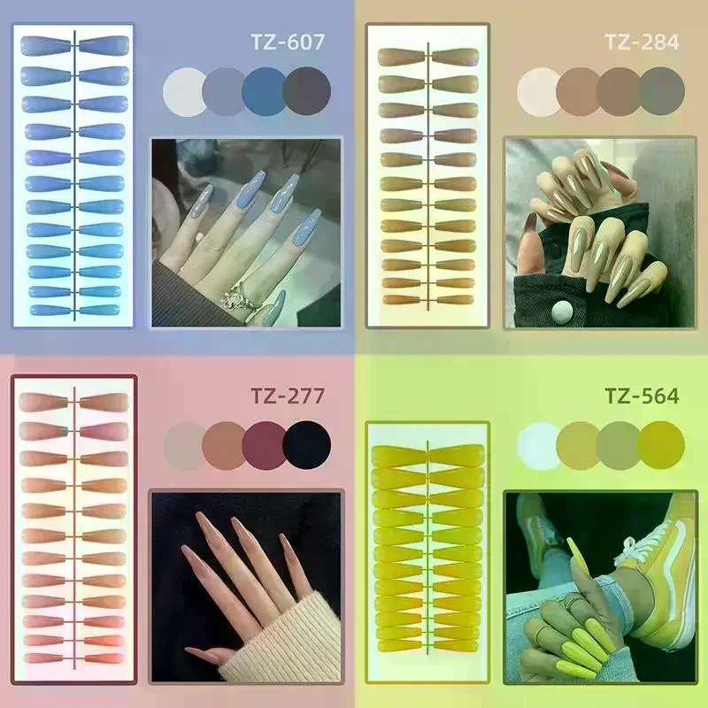 24Pcs/Set Multicolor Square Head Coffin Wearing False Nails Pink French Press On Nails Long Fake Nails Nude Color Nail Extension