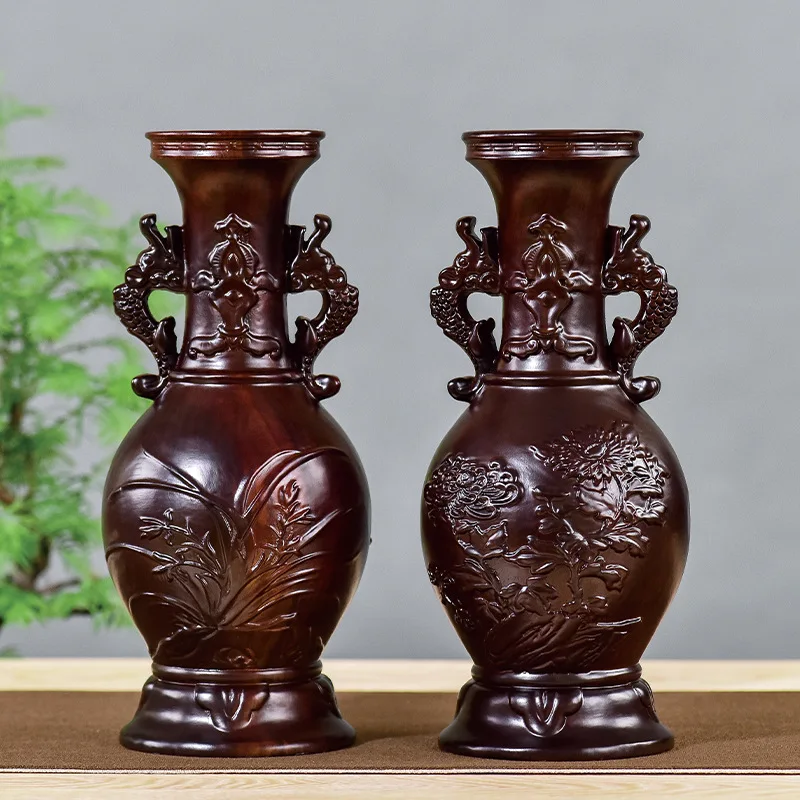 

Ebony Wood Carving Plum Blossoms Orchids Bamboo and Chrysanthemum Vase Wood Carving Retro Ornaments Creative Chinese Household G