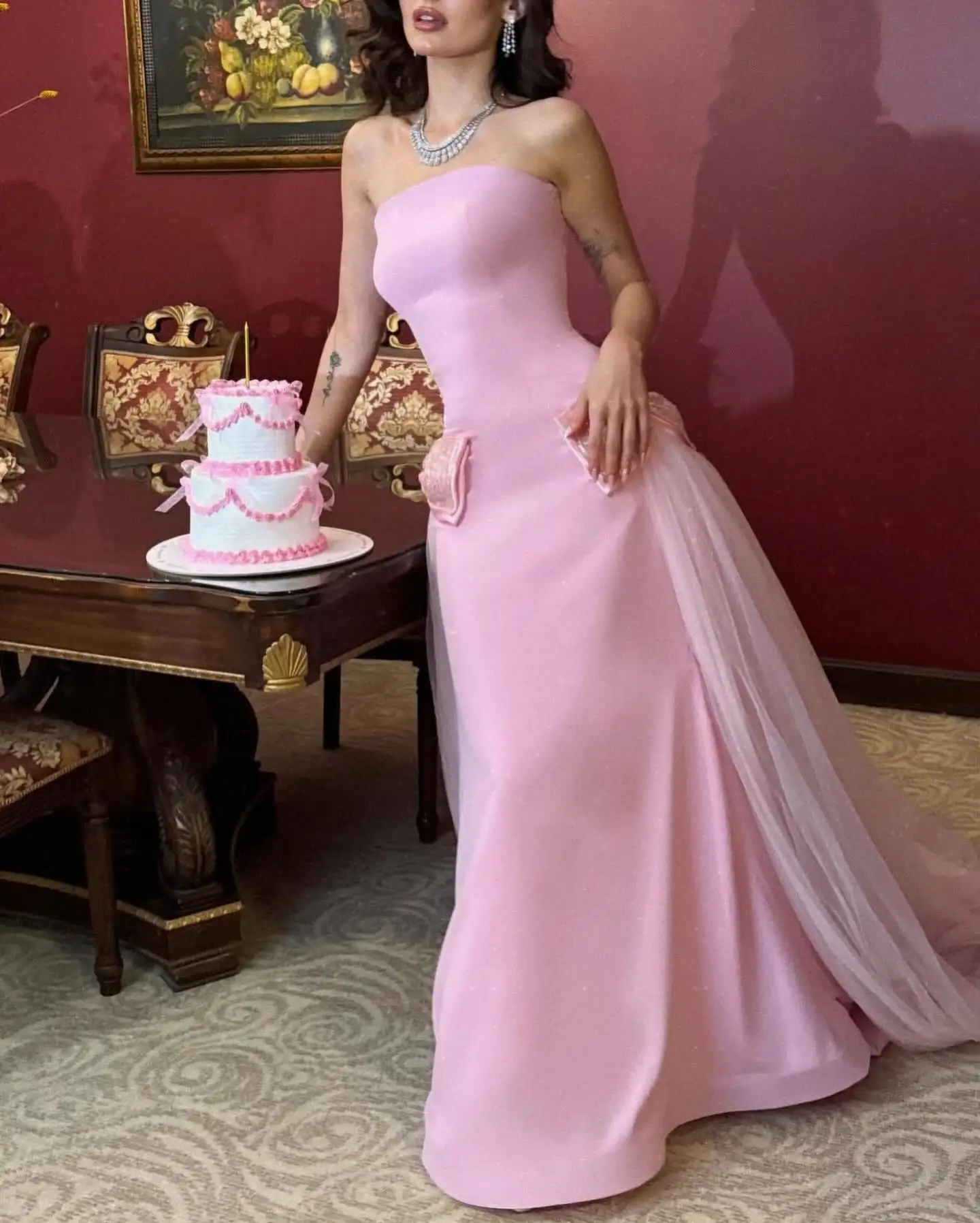 

Customized Graceful Jersey A-Line Crystal 3D Bow Evening Dress High Quality Sleeveless Strapless Floor Length prom dresses