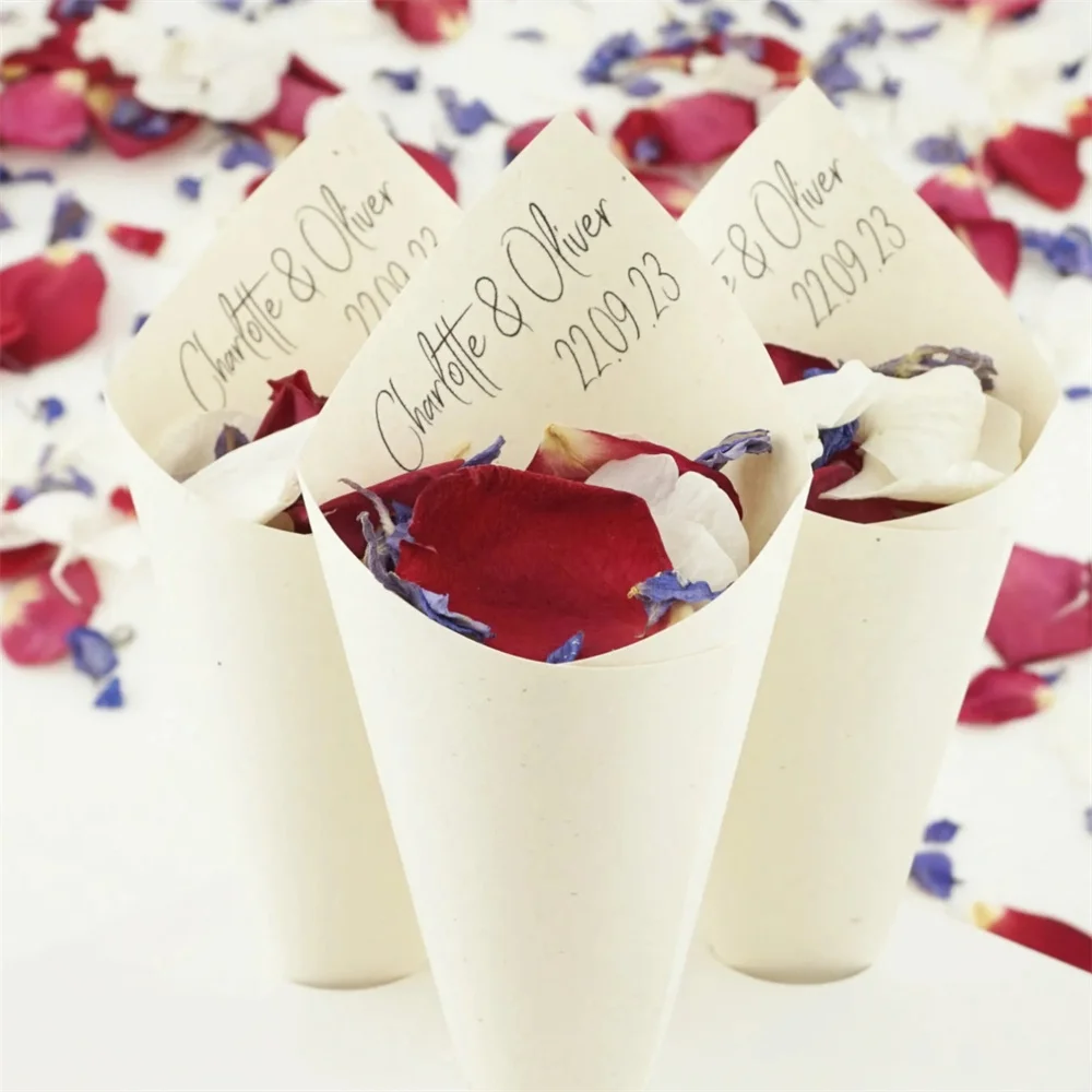 25pcs Handcrafted Personalised Boho Chic Wedding Confetti Cones - Ivory, White, Kraft