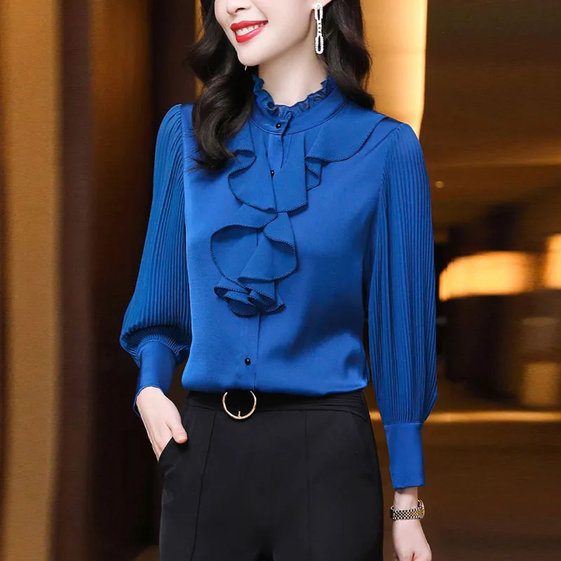 Elegant Stand Collar Button Folds Ruffles Shirt Women\'s Clothing Spring Autumn New Casual Tops Office Lady Blouse