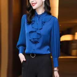 Elegant Stand Collar Button Folds Ruffles Shirt Women's Clothing Spring Autumn New Casual Tops Office Lady Blouse