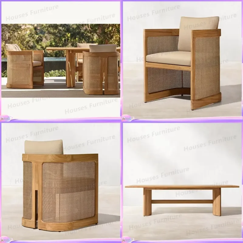 Outdoor Teak Rattan Dining Set Patio Furniture Garden Table and Chairs Wicker PE Rattan Waterproof Sunproof Balcony Terrace