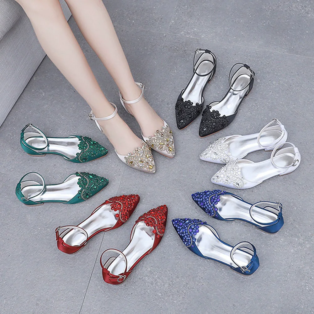 Spring and summer pointed satin rhinestone wristband flat heel wedding shoes square heel low heel 43 large size women's sandals - view 3
