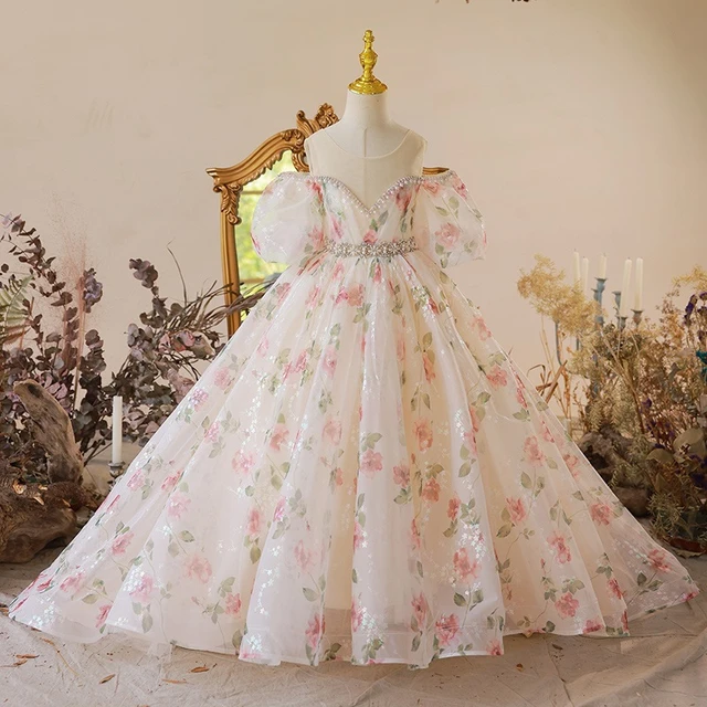 Flower Girl Floral Long Dress Vintage Children Dresses For Wedding Party Formal Ball Gown Kids Evening Bridesmade Prom Dress