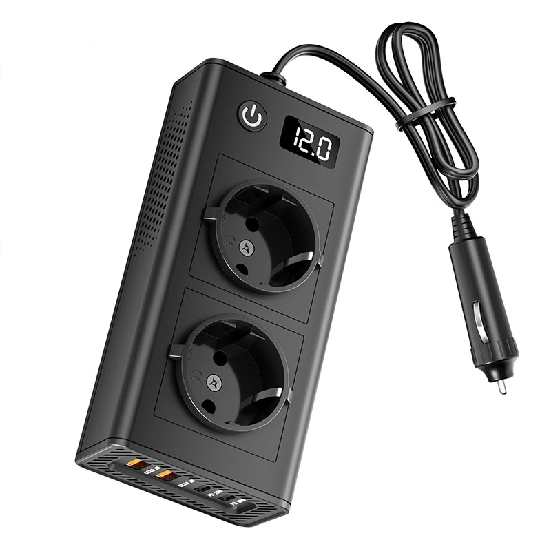 200W Portable Car Inverter Adapter Converts with 4 USB Port 2 Sockets Cigarette Lighter Plug Digital Display for Business Travel