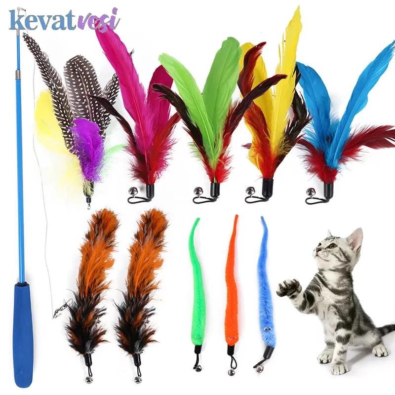 11Pcs Cat Toy Set Feather Funny Cat Stick Cat Feather Teaser Wand Toy Bell Ball Feather Toy for Kitten Interactive Cat Play Toy