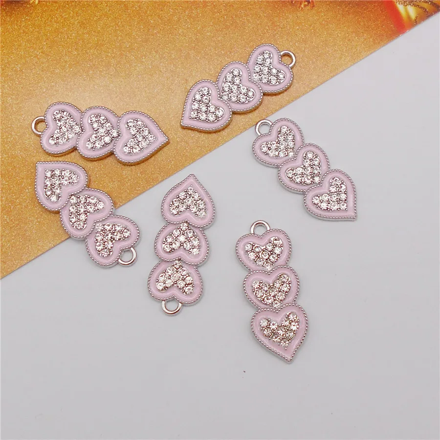 Dijes de corazón esmaltado, colgante de aleación de diamantes de imitación rosa para joyería, collar, pulsera, pendientes, accesorios artesanales, 10 unids/lote por paquete