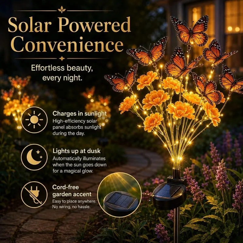 1-2PCS Solar Butterfly Flower Light with Stainless Steel Stake ABS Material Waterproof Outdoor Garden Yard Path Decor