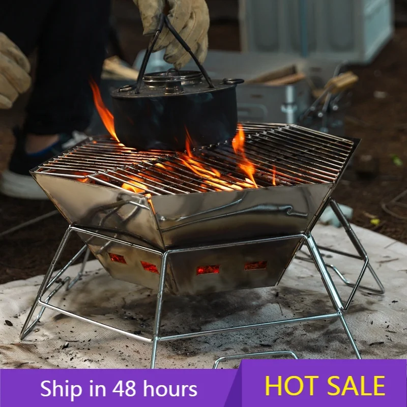 

POWER LEAP Outdoor Portable Folding BBQ Grill Camping Picnic Stainless Steel Rack Fire Pit Campfire Wood Stove 6-Sided