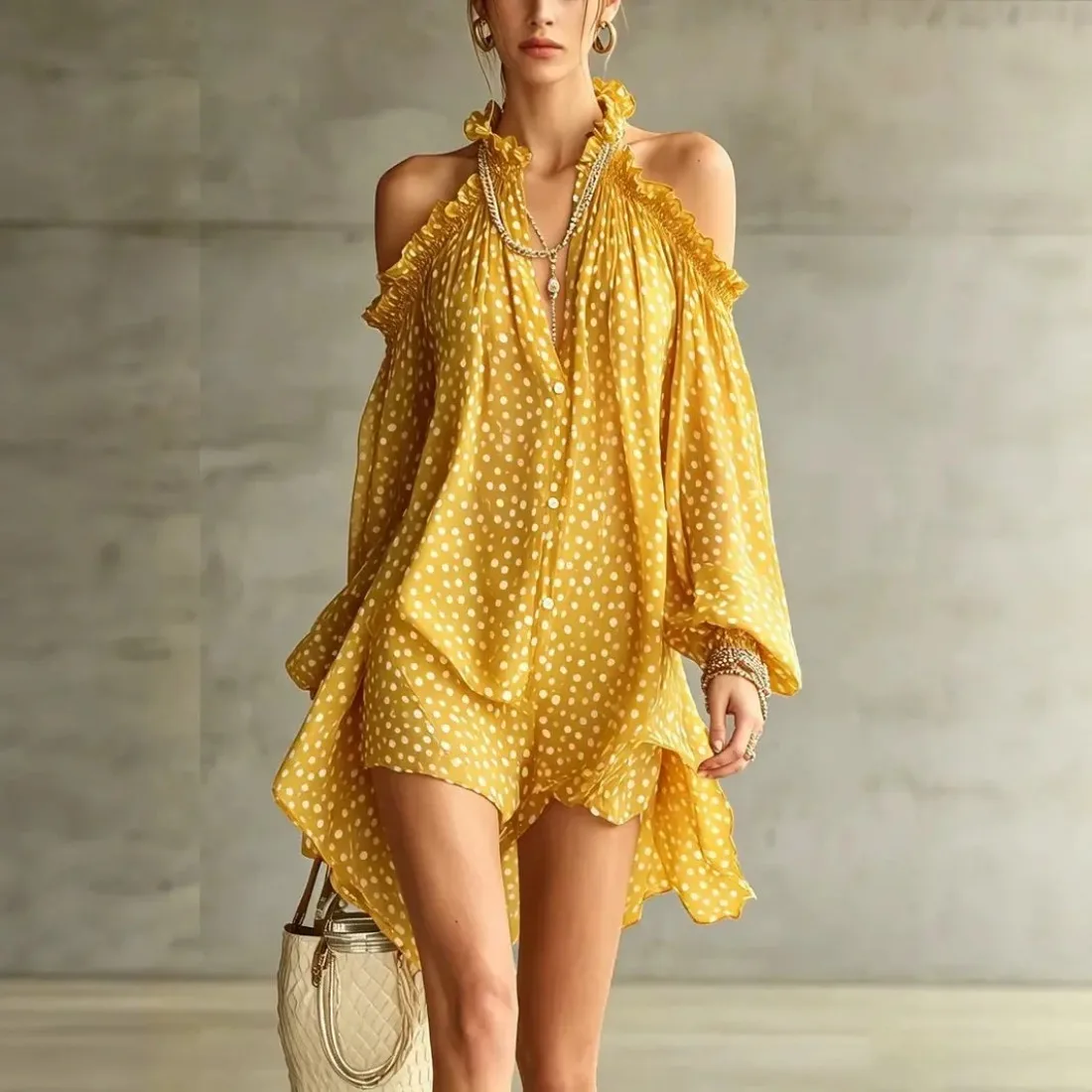 Women Polka Dot Halter Chiffon Mini Dress Cold Shoulder Ruffle Lantern Sleeve Irregular Hem Loose Casual Dress For Summer Daily
