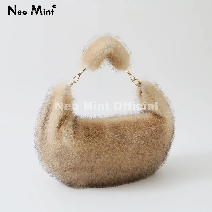 Neo Mint Luxury Brand Gradient Faux Fox Fur Crescent Bag Women Handbag Winter Fluffy Underarm Shoulder Bag Furry Plush Hobo Bags
