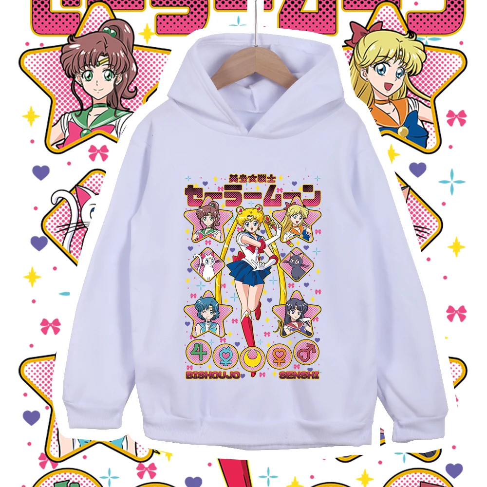 Kinder Anime Baumwoll-T-Shirt Sailor Moon Charaktere Druck Unisex Hoodie Sweatshirt für Jungen Mädchen 100-160cm Körpergröße – Detail 2