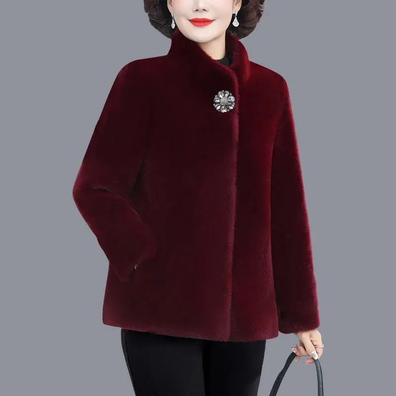 

Women High-end Short Plush Outwear Korean Ladies Stand Collar Fur Jacket Autumn Winter Feminine Long Sleeves Faux Fur Coat