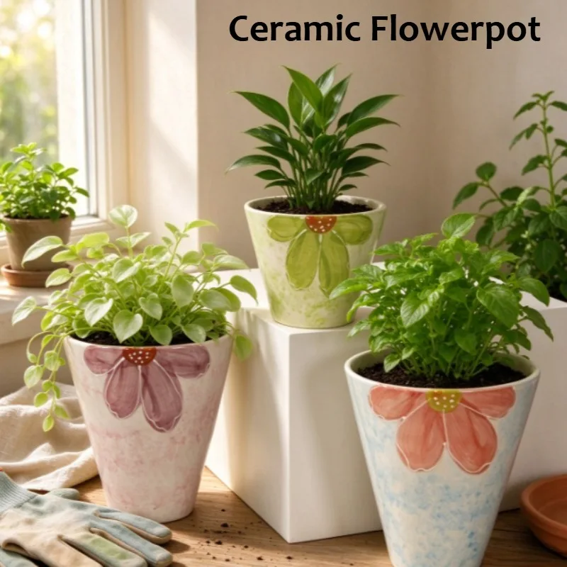 Ceramic flowerpots are fresh, breathable, root-controlled, beautiful, green potted flowerpots are perforated at the bottom.
