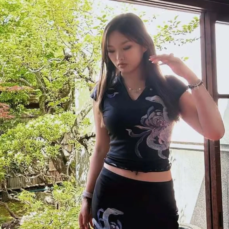 Harajuku Oriental Women Sleeveless Top Traditional Qipao Collar Front Blue Snake Floral Print Slim Cropped Retro Streetwear