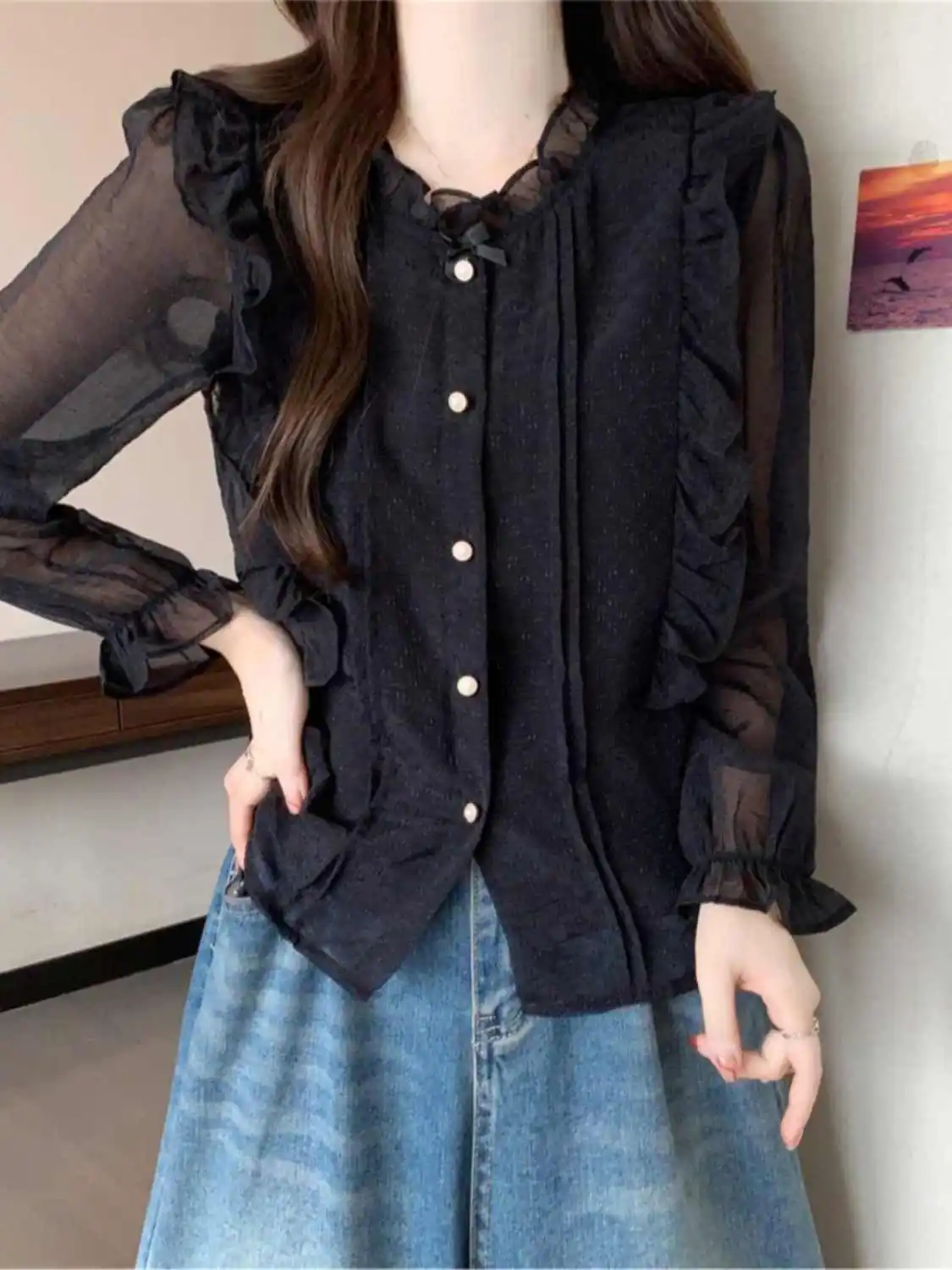 Elegante camicetta in chiffon con volant stile francese da donna