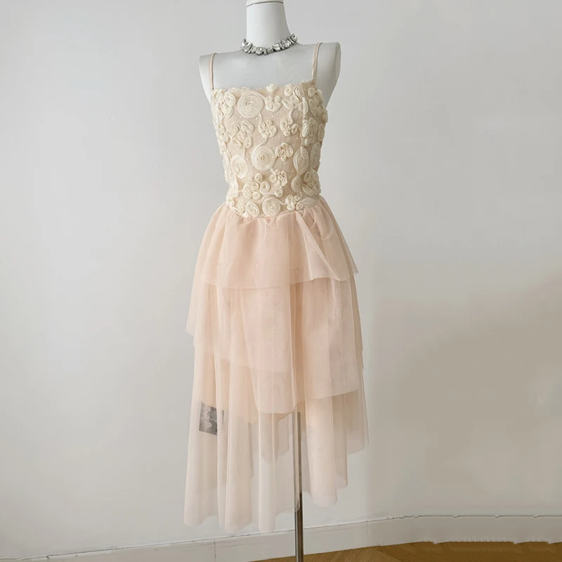

Waist-cinched A-Line Women Dress 3D Flower Spaghetti Strap Dress Korean Fashion Evening Party Mesh Dress Vestidos Mujer Sundress