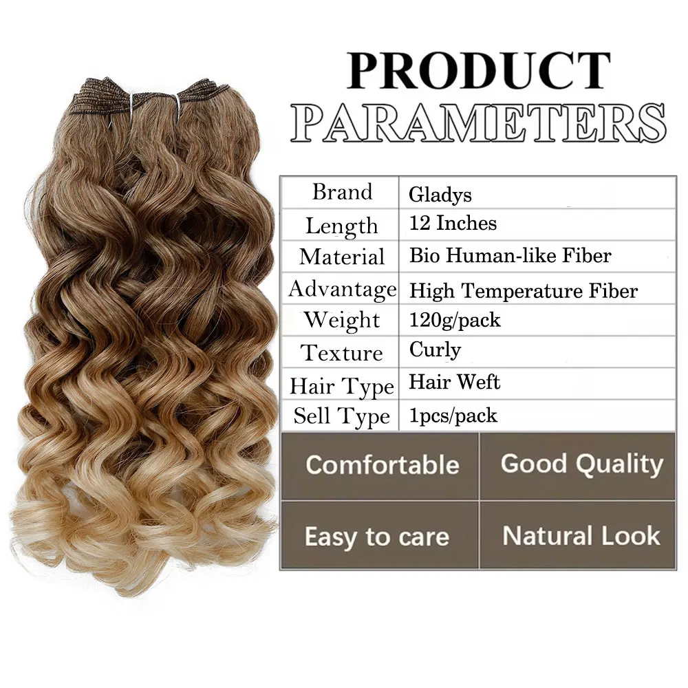 Gladys 30,5 cm lose gewellte Haarbündel, hitzebeständige Faser, 120 g/Stück, Ombre-Braun, Klavierblond, synthetisches lockiges Haar, Schussverlängerungen