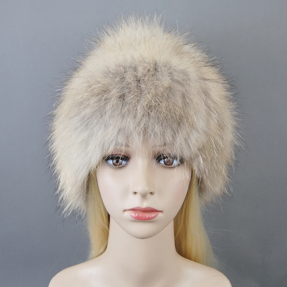 Real Fox Fur Pompom Bomber Winter Hats Russian Female Ski Mask Natural Raccoon Fur Hat Knitted Skullies Beanies Fall Women's Cap