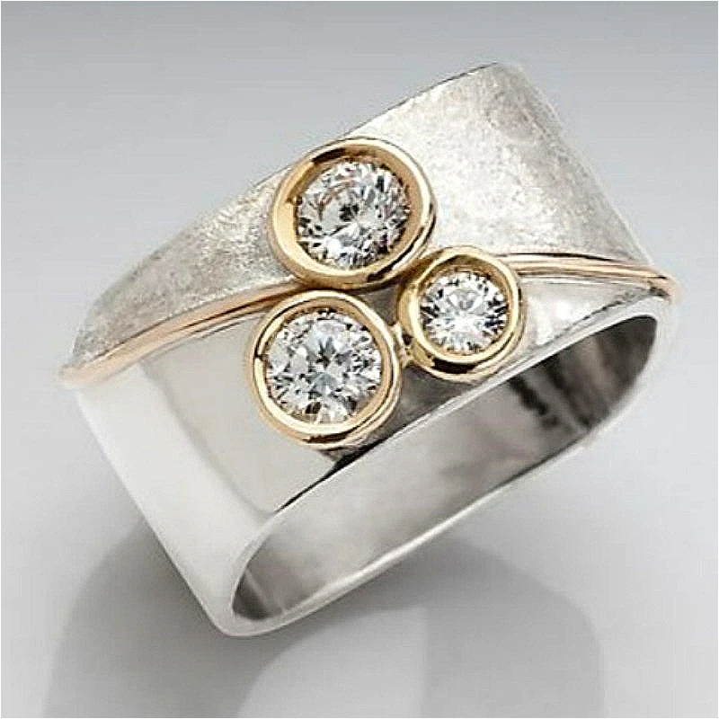 Minimalist Style Inlaid Synthetic Zirconia Two Tone Wide Ring for Women Fashion Dazzle Silvery Banquet Celebration Jewelry Gifts