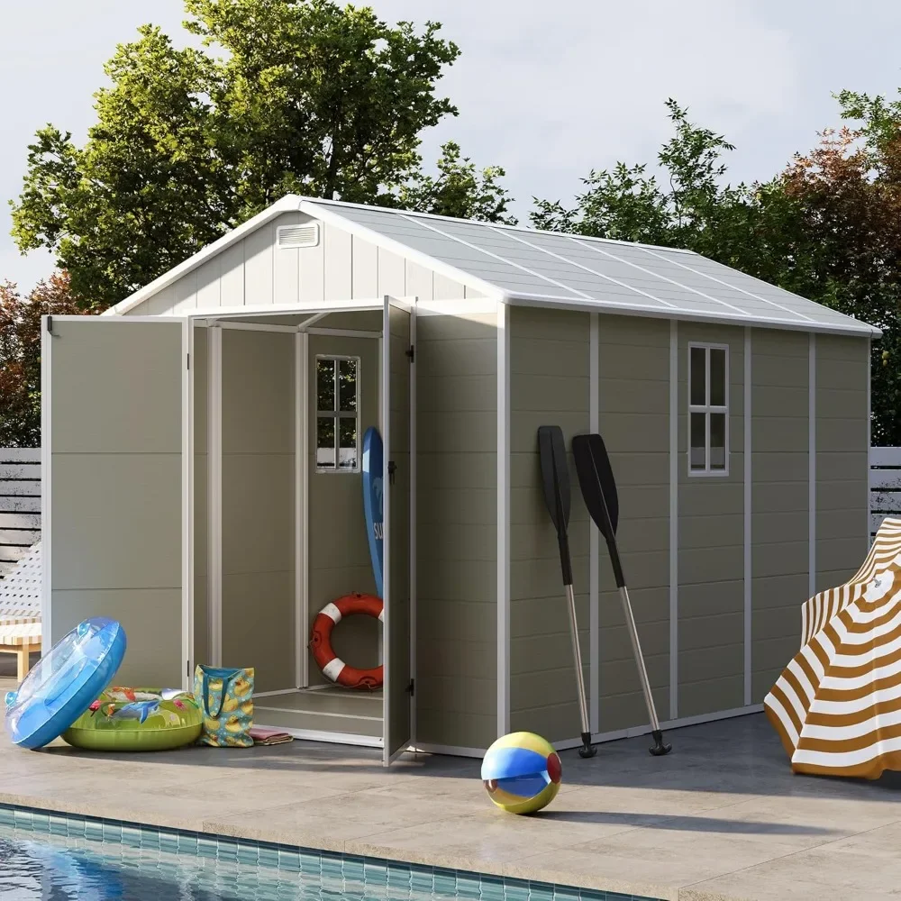 

8 x 10 FT Outdoor Storage Shed with Lockable Door for Tool, Bike, Garbage Sandstone, Plastic Resin Garden Shed