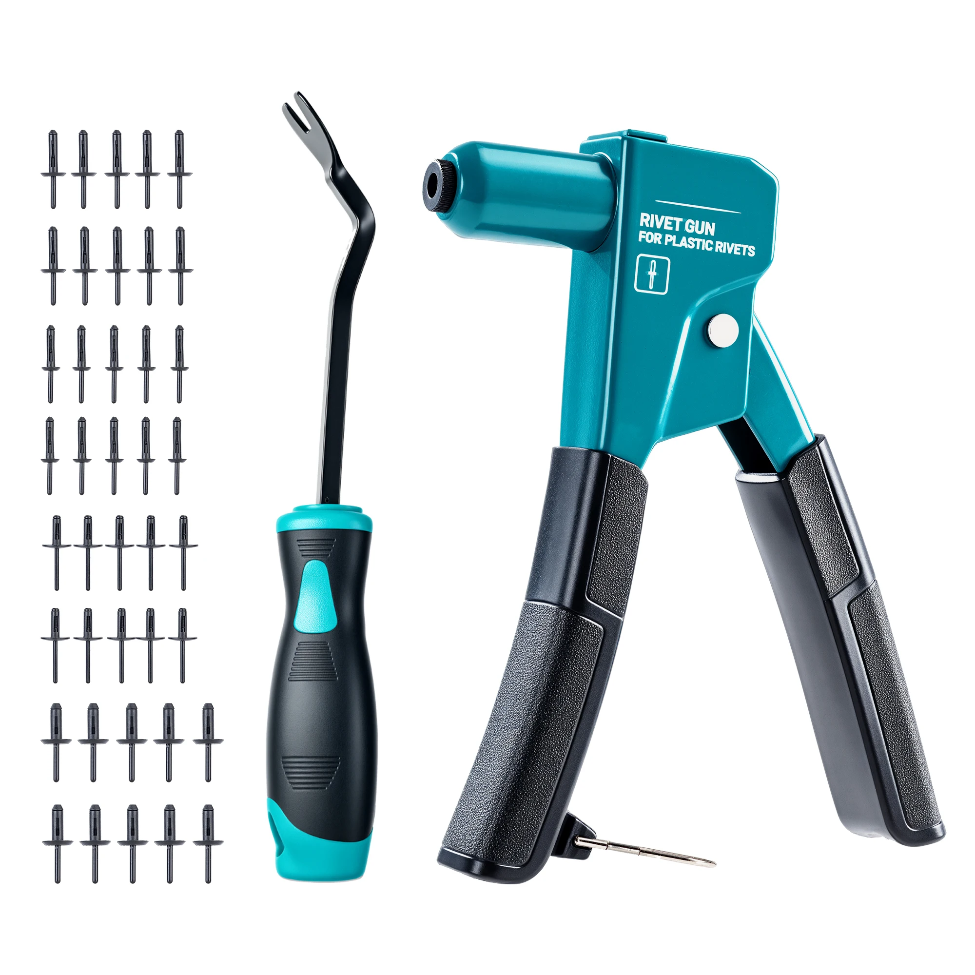 LIBRATON Plastic Rivet Gun Kit with Fastener Remover, 90 Degree Angle Hand Riveter with 40Pcs Nylon Rivets for Automotive Repair