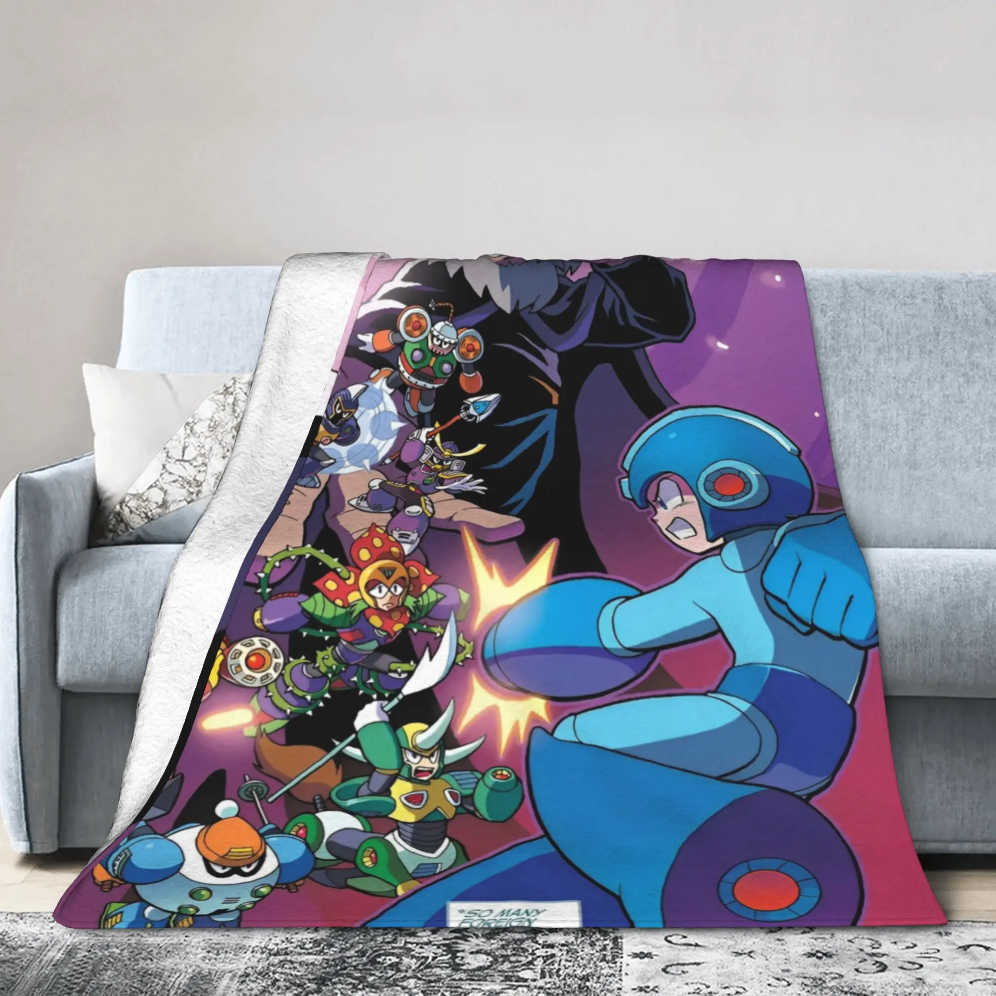 Mega Man Cartoon Rockman Game Flannel Throw Blanket Robot Masters for Bed Knitted Blanket Office Lightweight Multi-function