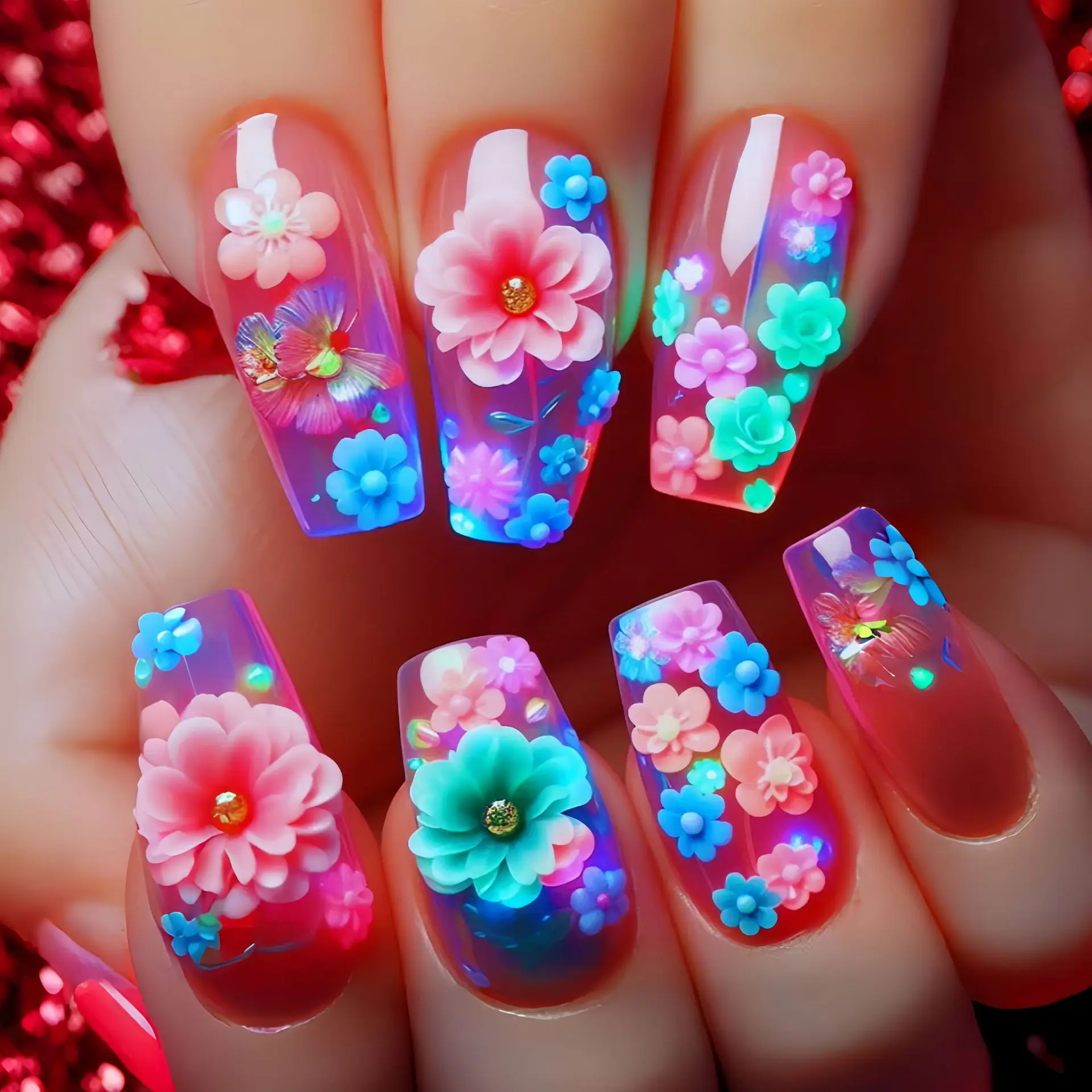Unghie finte corte medio lunghe da donna Sfumate viola Rosa fiori rossi farfalla Y2K Punte estive quadrate presse sulle unghie finte