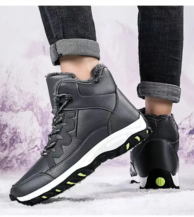 

2023 New Men's Winter Leather High Top Snow Boots Thick Bottom Non Slip Plush Warm Waterproof Outdoor Hiking Shoes