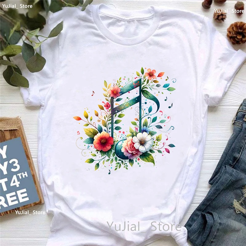 Music Note Flowers Print T Shirt Girls Summer Fashion T-Shirt Womem Hip Hop Tshirt Femme Harajuku Shirt Streetwear