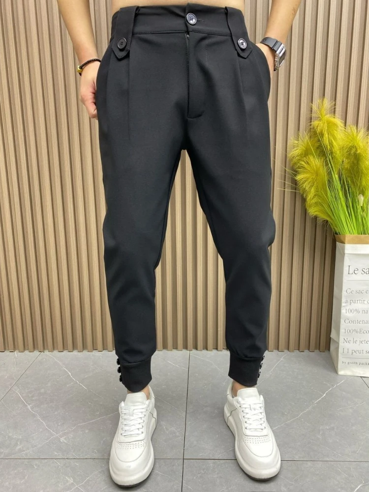 Harlan Black Pleated Man Suits Pants Anti-wrinkle Spandex Fashion Korean Reviews Many Trousers for Men Clothes Offer Designer Up