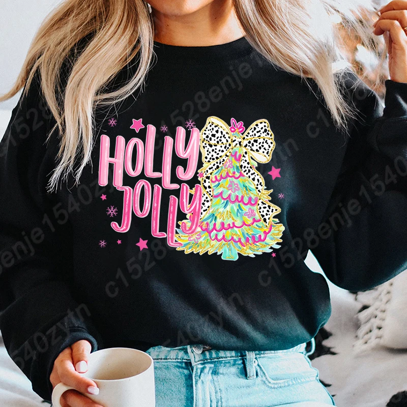 Christmas Tree Bow Holly Jolly Print Hoodless Sweatshirt Women Fall & Winter Fashion Pure Color Pullover Ladies O Neck Pullovers