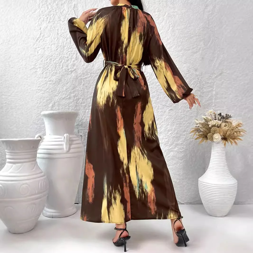 autumn Elegant Casual half high collar Belt robe Loose Holiday Beach Dresses long Sleeve Boho Maxi Dress Women Party Vestidos