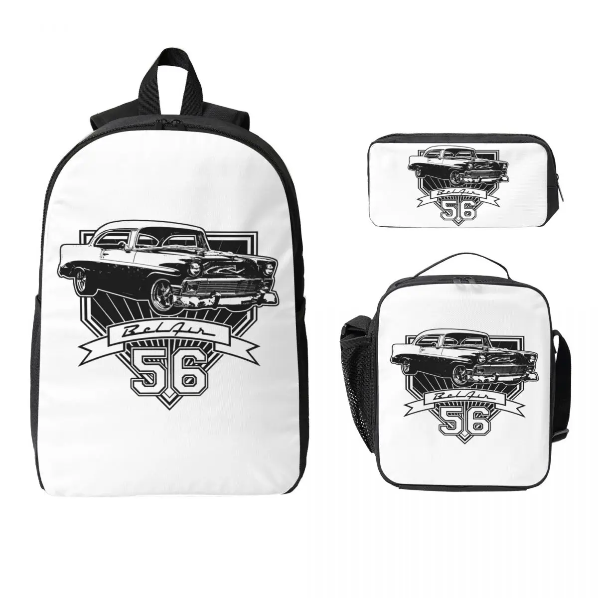 

1956 Chevy-Bel Air Car Street Hot Rod Antique Route 66 Backpack Boy Girls BookBag School Bag 3ps Insulated Lunch Bag Pencil Case