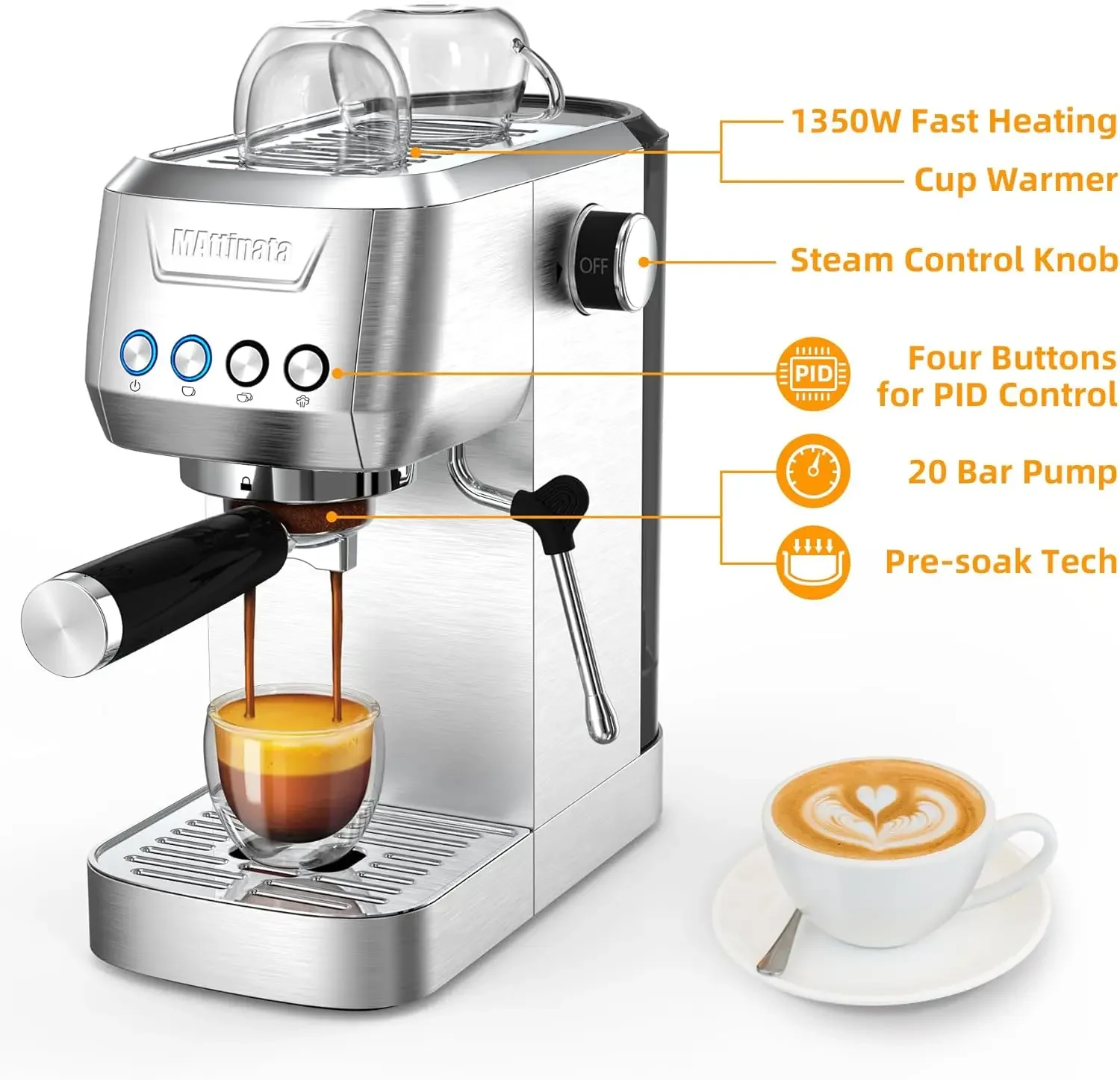 Espressomachine, 20 Bar Espressomachine Met Melkopschuimer/Stoomstaf, Compacte Cappuccinomachine Met 48Oz Verwijderbaar Waterreservoir