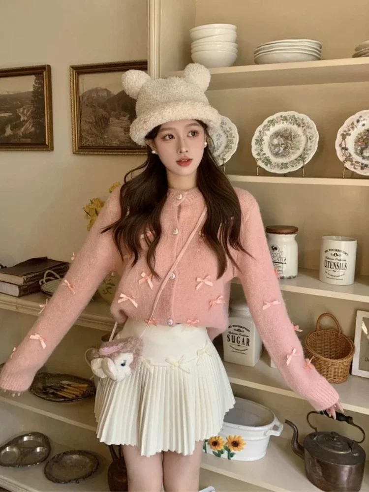 

Женский модный вязаный кардиган 2025 года, Новое поступление - стильное осенне-зимнее пальто с роскошным бантом и круглым вырезом