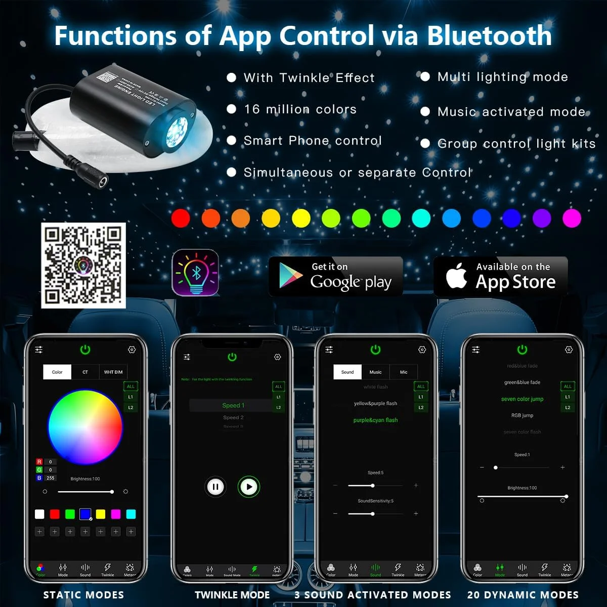 6W Mini Twinkle Fiber Optic Starlight Engine Sound Activated APP Remote Control Light Source For Car Home Star Ceiling Kit