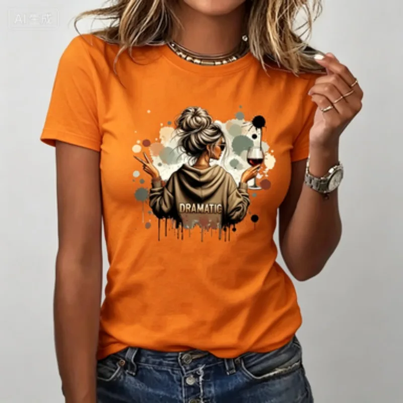 Dramatic Women Cotton Slim Tee Messy Bun Girl Holding Red Wine Splash Ink Art Print Round Neck Casual Summer T-Shirt