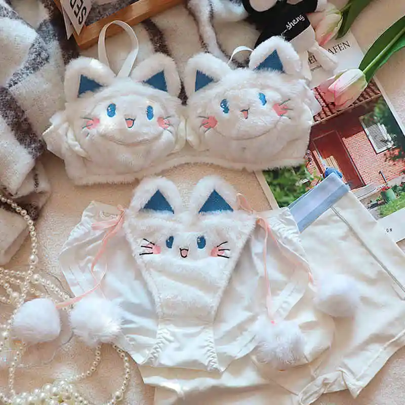 Japanese cute girl plush underwear Autumn and winter Japanese bra without underwire set warm