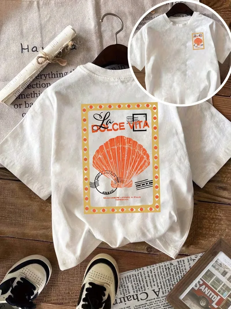 2026 New Fashion Style Seaside Vacation Tops,Women's Round Neck Seashell Print T-shirt Island Vacation Party,Fashion Summer Tops